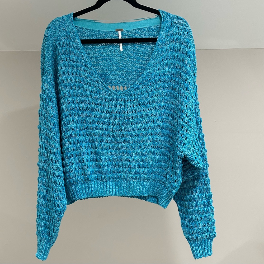 Free People Pristine Blue Slouchy Coconut V Neck Sweater